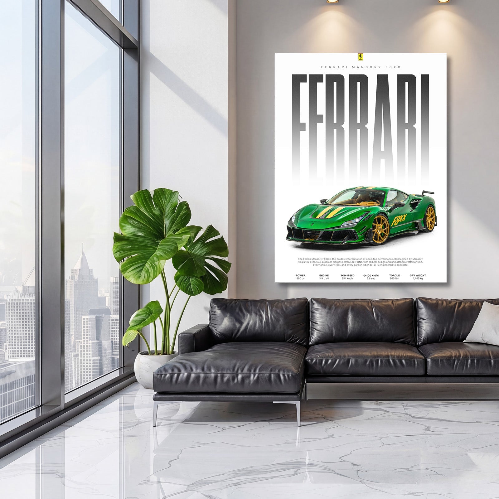 Luxury wall art with a green Ferrari F8XX above a black leather sofa and houseplant in a living room
