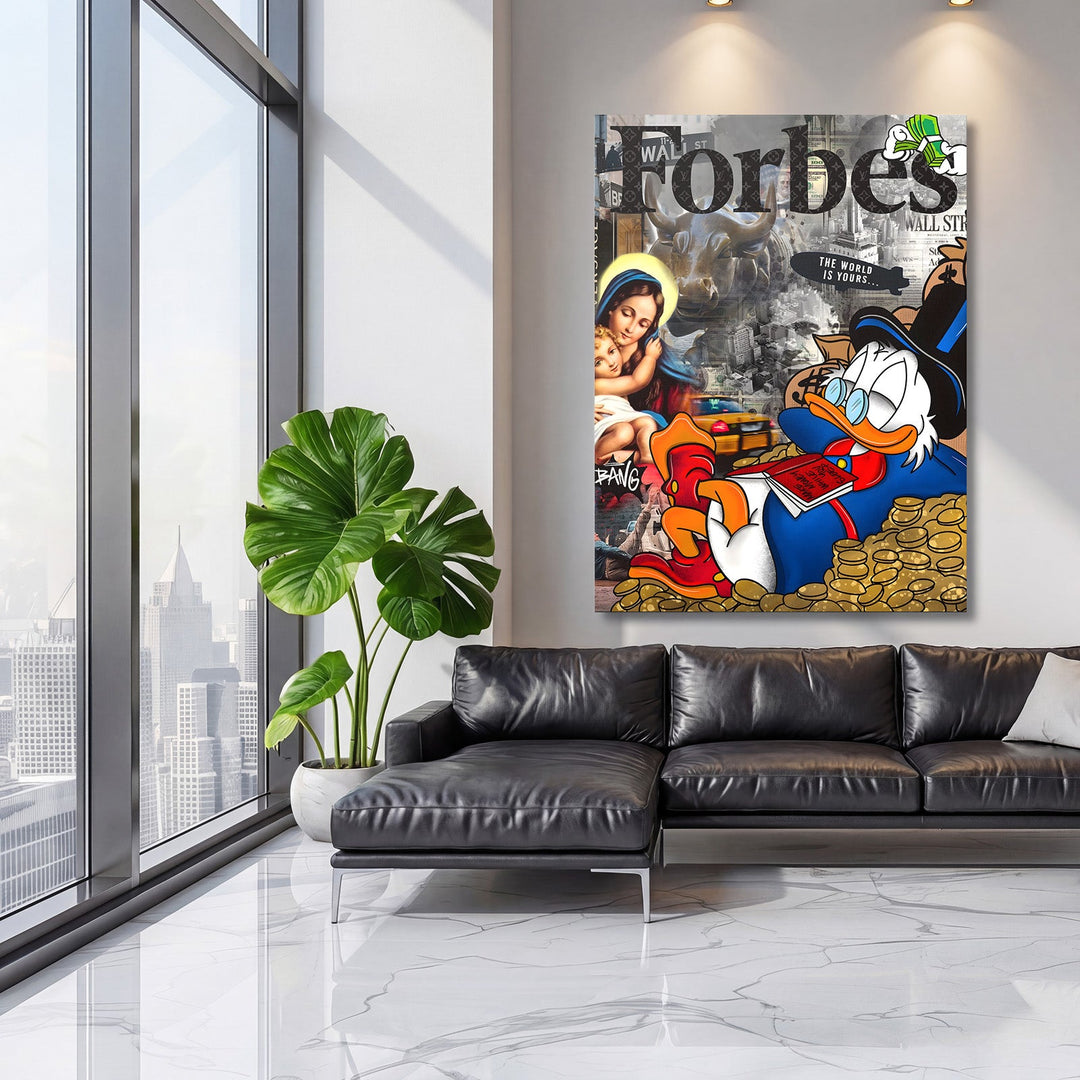 Pop art wall art Uncle Scrooge on pile of gold coins with Wall Street collage, yellow taxi and Madonna