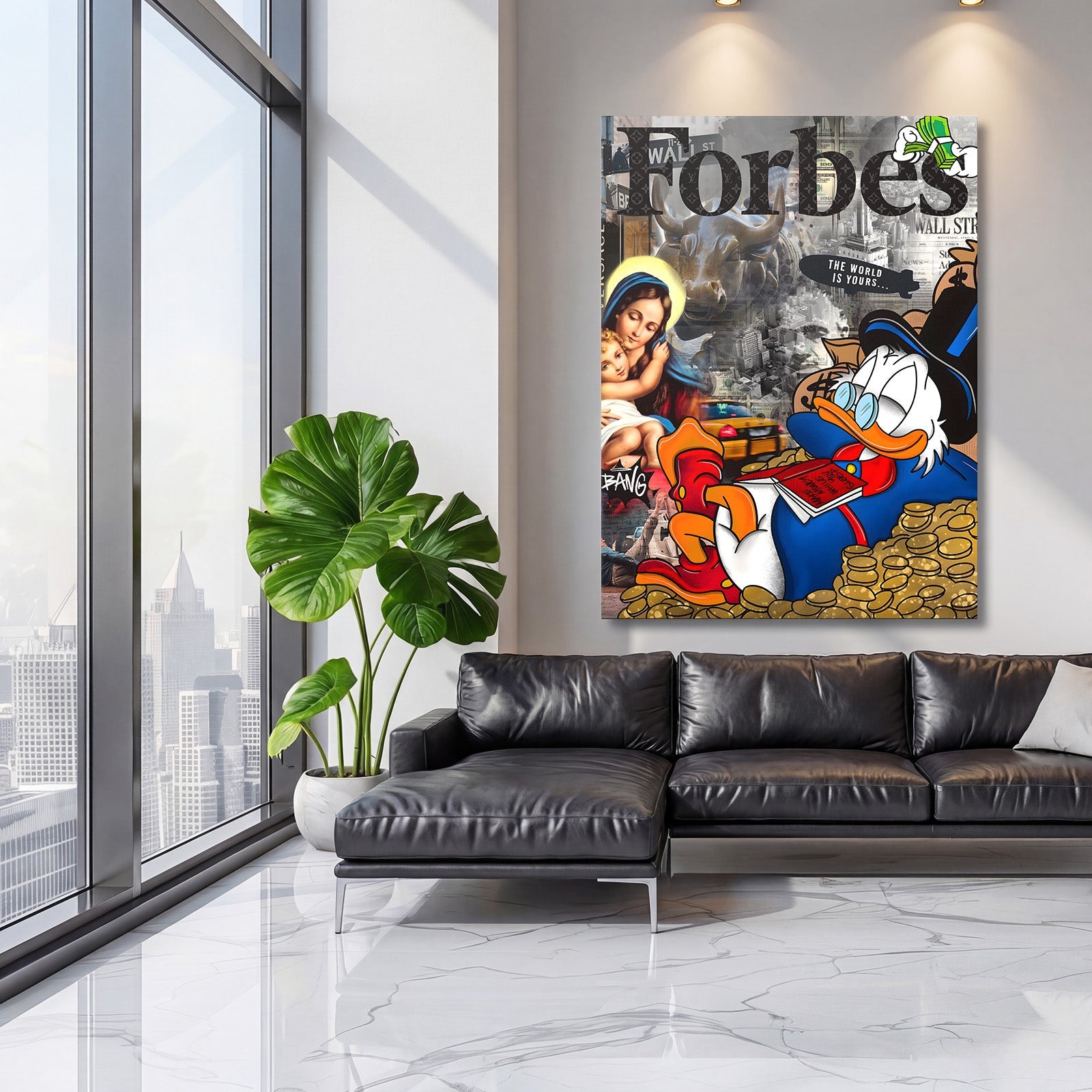Pop art wall art Uncle Scrooge on pile of gold coins with Wall Street collage, yellow taxi and Madonna