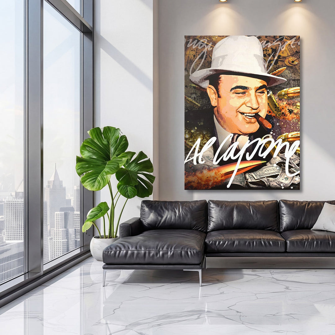 Al Capone pop art canvas wall art with bullets and dollars as motivational wall art for a modern living room