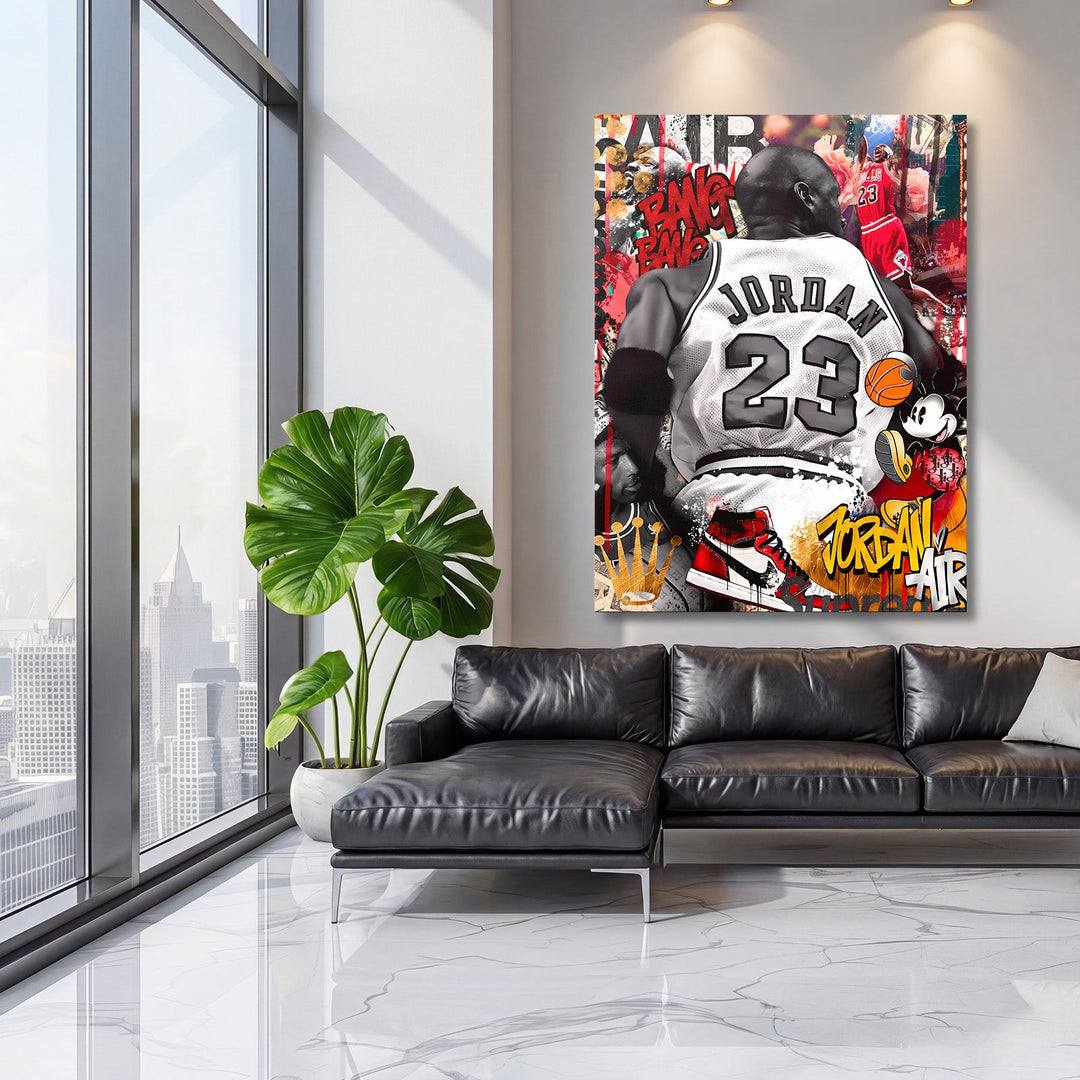 Motivational pop art canvas wall art with Jordan, a basketball motif and street art graffiti in a living room.