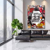 Motivational pop art canvas wall art with Jordan, a basketball motif and street art graffiti in a living room.