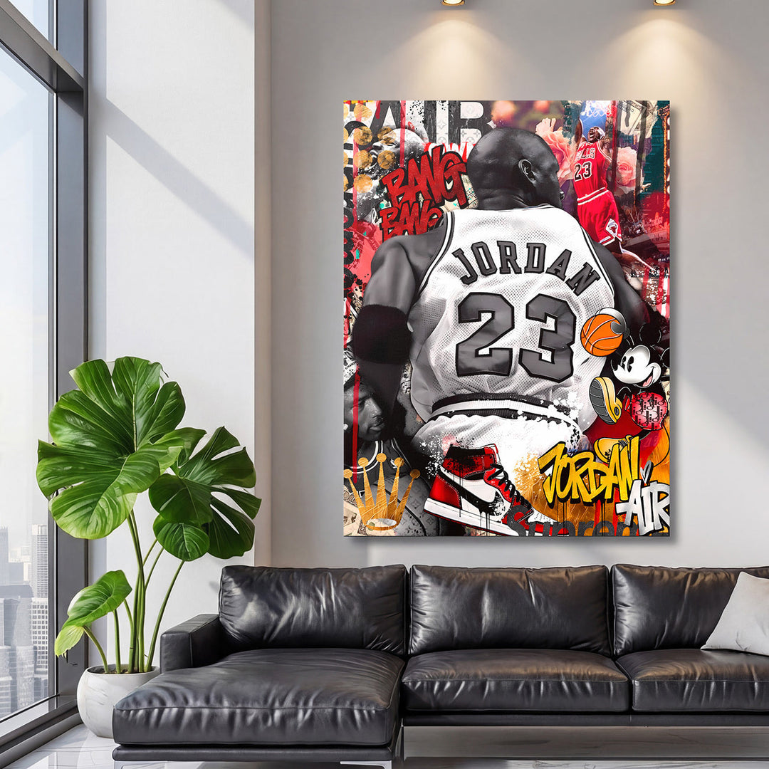 Motivational canvas wall art with a Michael Jordan pop art collage, basketball sneaker and graffiti in a living room.