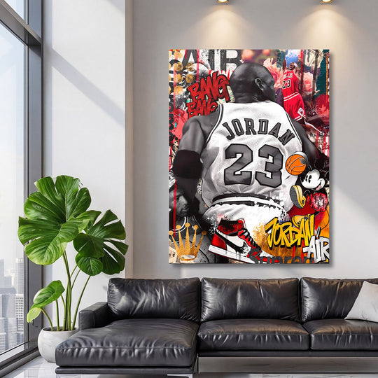 Motivational canvas wall art with a Michael Jordan pop art collage, basketball sneaker and graffiti in a living room.