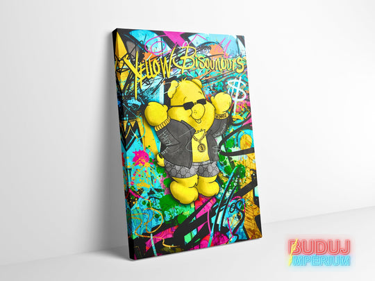 Motivational canvas wall art with a graffiti teddy bear wearing glasses, a gold chain and a dollar sign in pop art style.