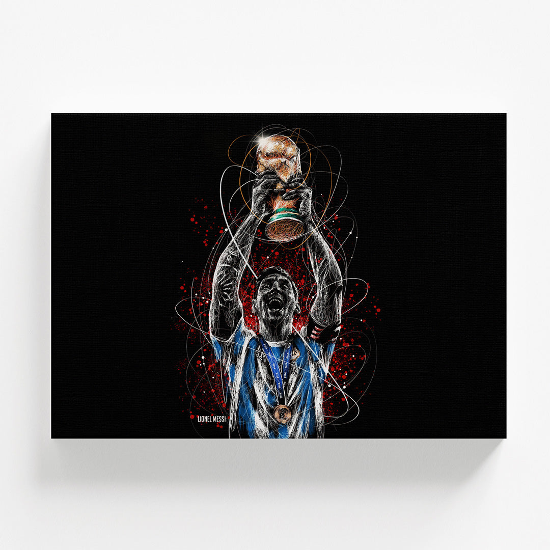 Pop art wall art of Messi lifting a football trophy in Argentina colors, motivational wall art