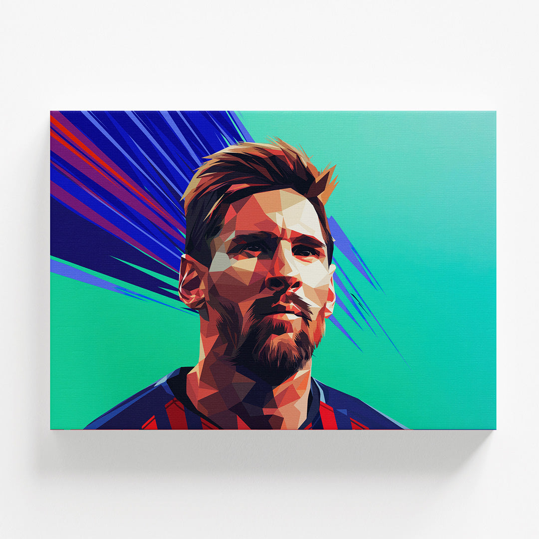 Pop art wall art with a polygon illustration of Lionel Messi, front view, dynamic colorful motif