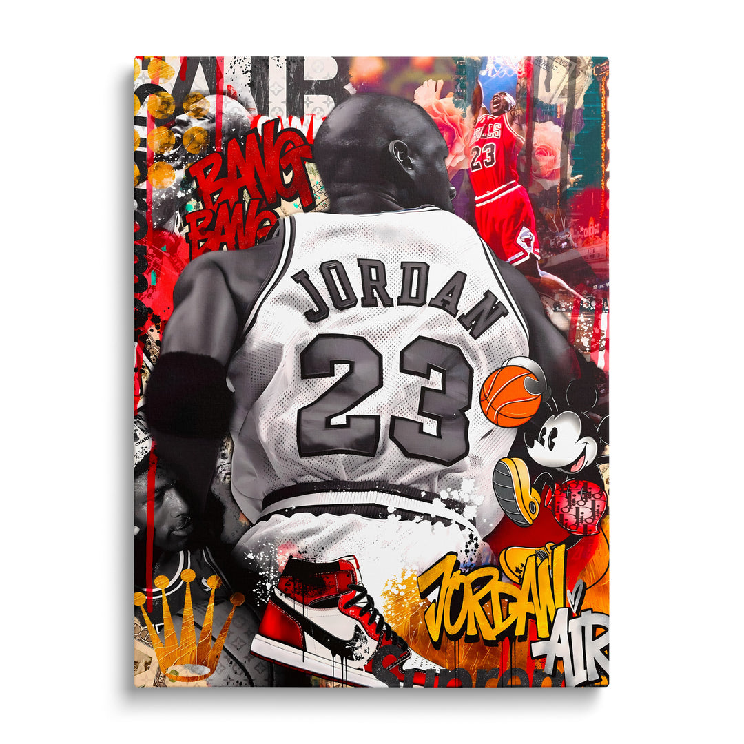 Motivational pop art canvas wall art with a basketball player in a #23 jersey, sneaker, graffiti elements and Mickey Mouse.