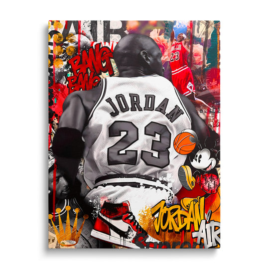 Motivational pop art canvas wall art with a basketball player in a #23 jersey, sneaker, graffiti elements and Mickey Mouse.