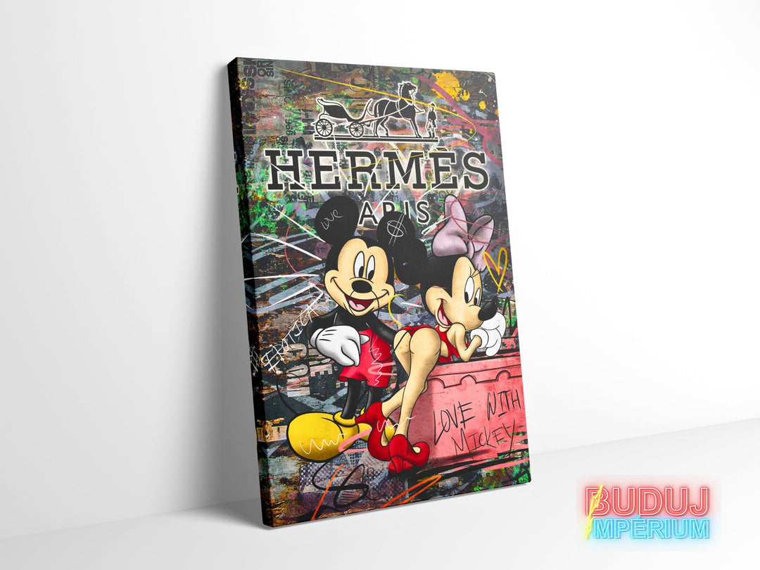 Pop art canvas wall art with Mickey and Minnie in street art graffiti style with a Hermès Paris luxury brand motif.