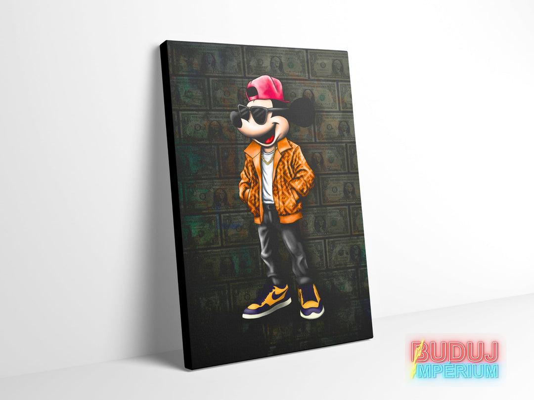Motivational canvas wall art with pop art Mickey Mouse in street art style, dollar motif and Nike sneakers.