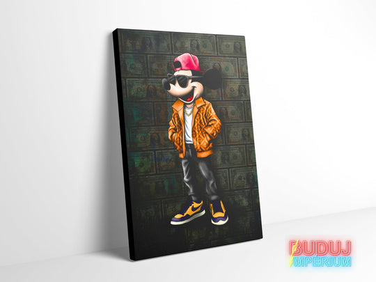 Motivational canvas wall art with pop art Mickey Mouse in street art style, dollar motif and Nike sneakers.