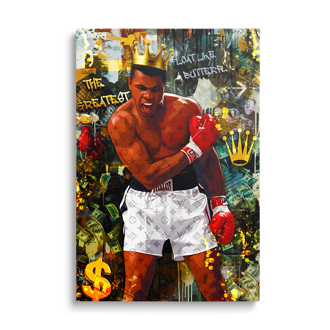 Motivational canvas wall art with a pop art boxer wearing gloves, graffiti quote, crown and money motif.