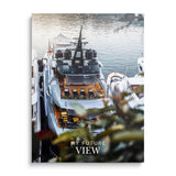 Motivational canvas print with a luxury yacht by the pier and the text “My Future View”, modern office decor