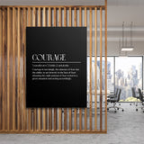 Lifestyle shot of motivational canvas wall art with a courage quote in a modern office behind a wooden partition