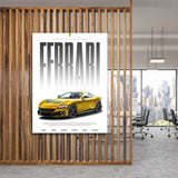Motivational canvas wall art with a yellow Ferrari Mansory in a modern office with city views, luxury lifestyle theme