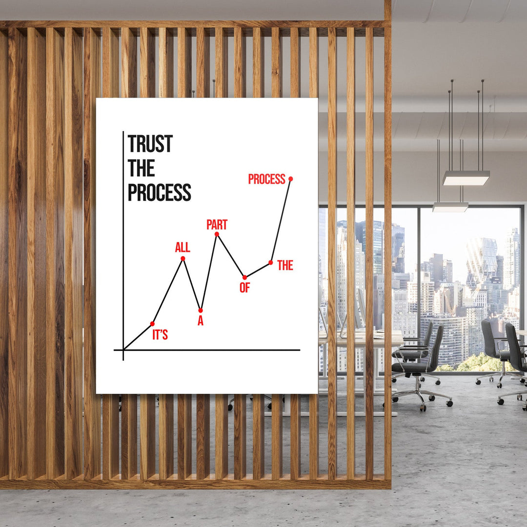 Motivational canvas print for an office with a minimalist growth chart, red dots and the quote “Trust the process”