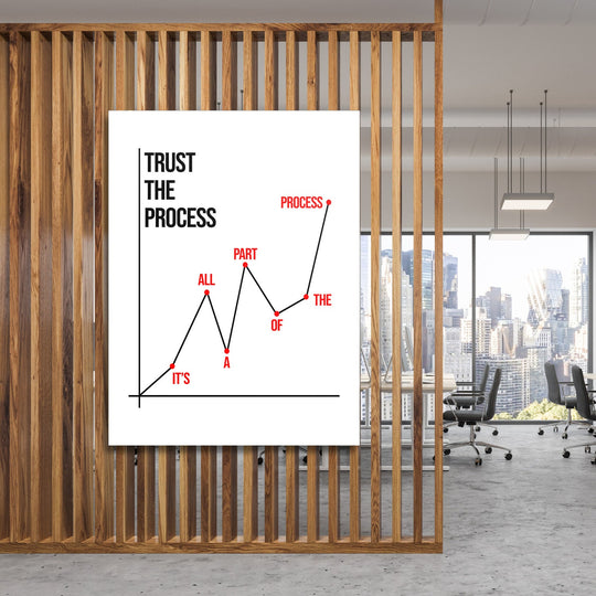 Motivational canvas print for an office with a minimalist growth chart, red dots and the quote “Trust the process”