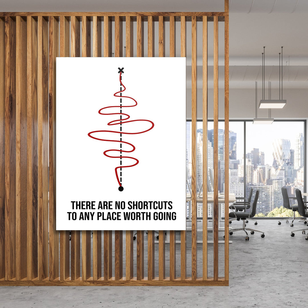 Motivational office wall art with a minimalist red curve and quote about the journey