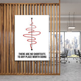 Motivational office wall art with a minimalist red curve and quote about the journey