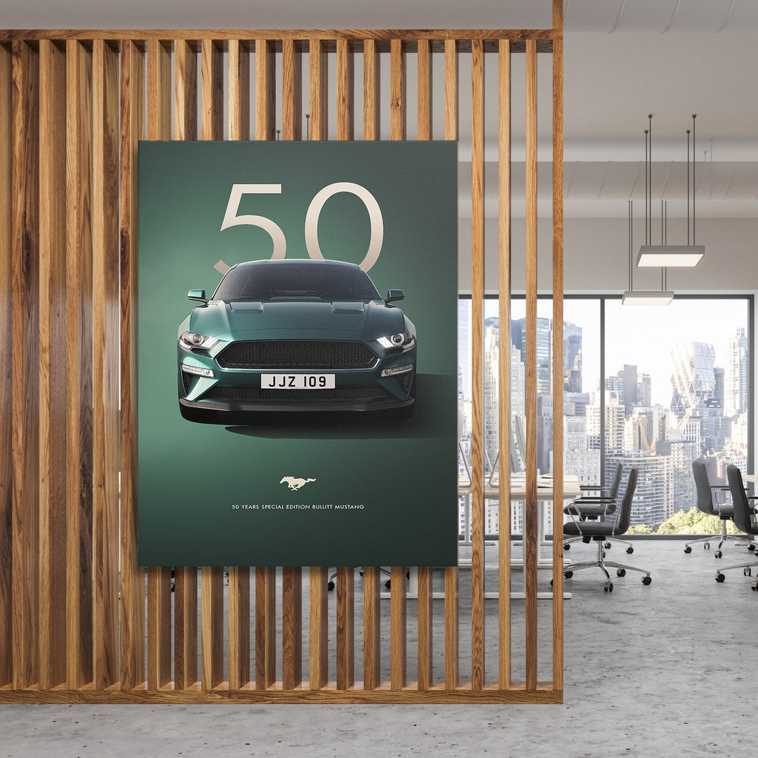 Motivational canvas wall art with a green Bullitt Mustang and number 50 in a modern office