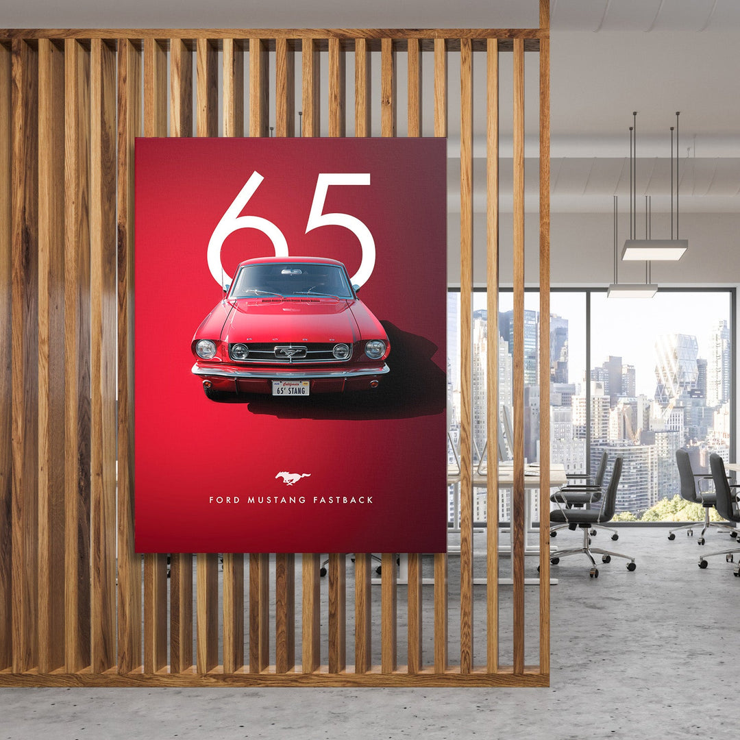 Motivational canvas wall art with a red 1965 Ford Mustang in a modern office, automotive wall decor