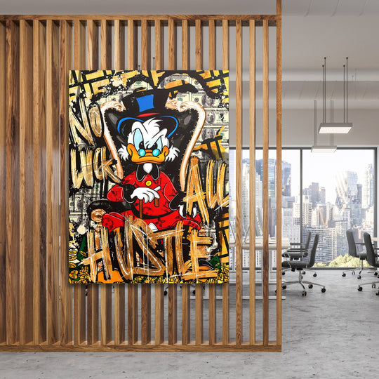 Motivational pop art canvas print with Scrooge McDuck and a money graffiti motif on a wooden office wall
