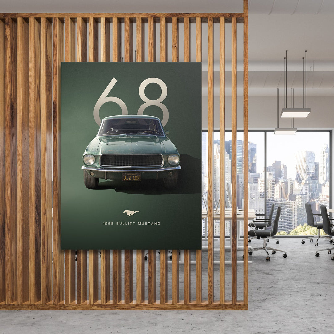 Motivational canvas wall art with a retro 1968 Ford Mustang in a modern office, automotive design and industrial interior