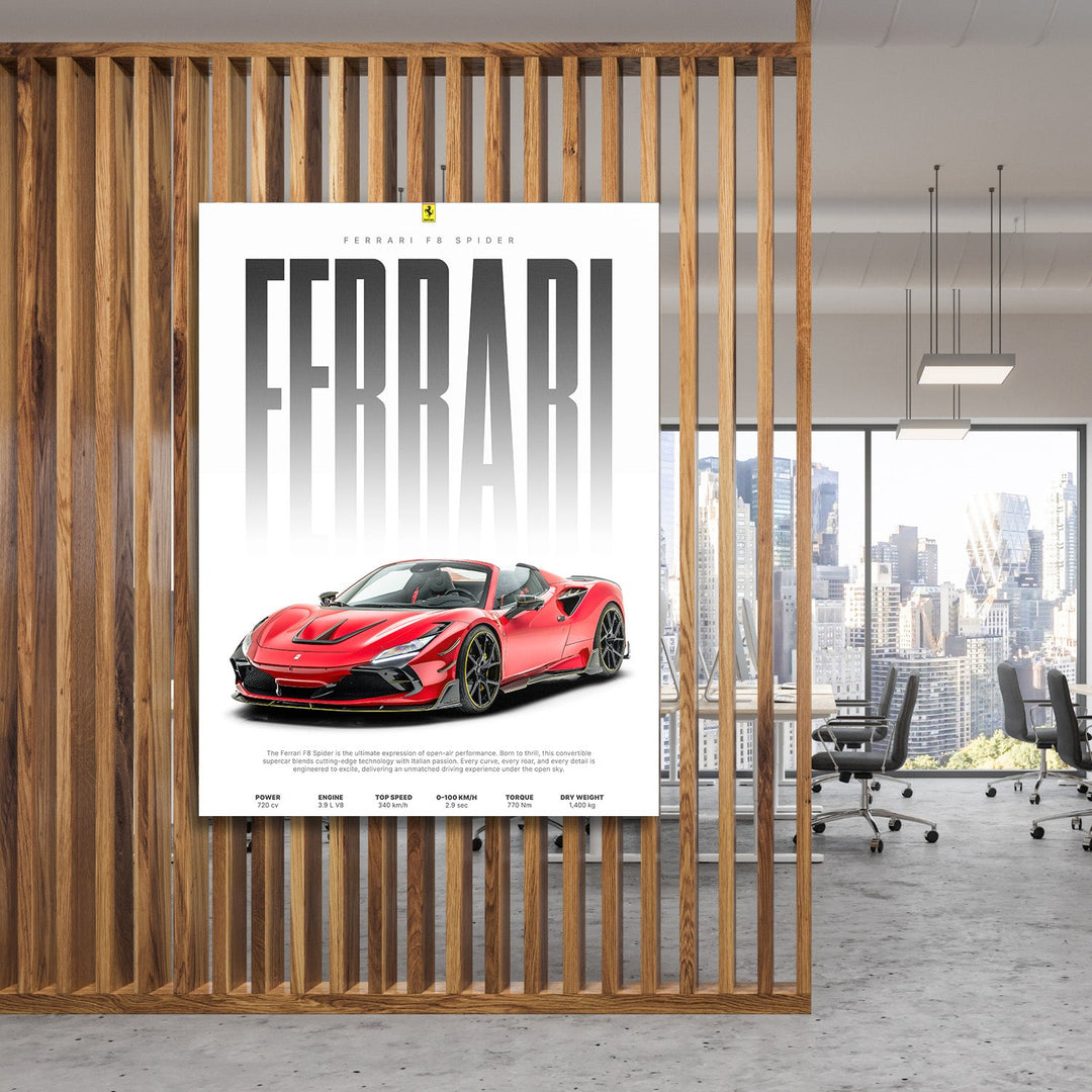 Motivational wall art with a red Ferrari F8 Spider in a modern office as a symbol of performance and success