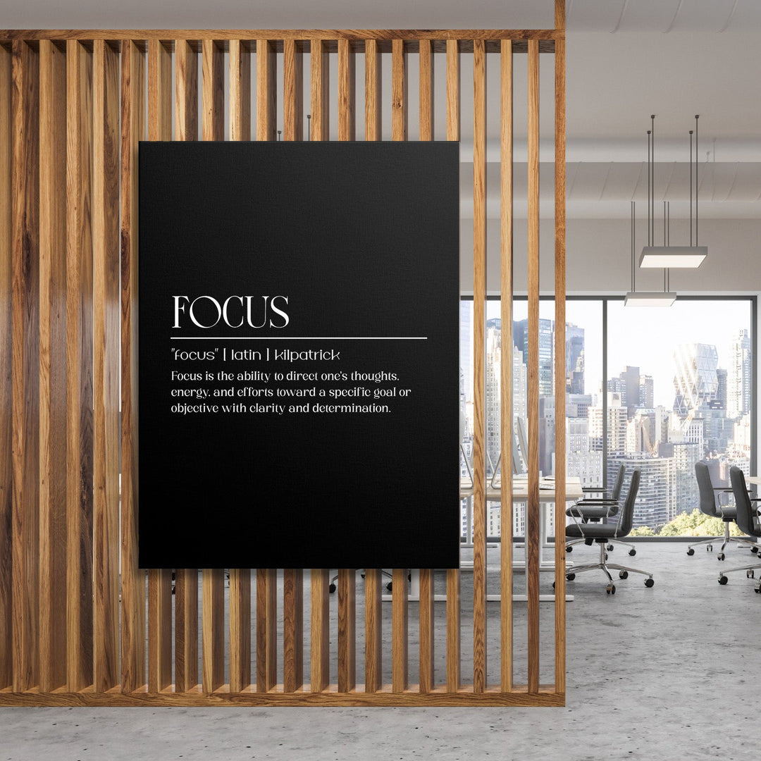 FOCUS motivational wall art with minimalist white typography in a modern study, lifestyle interior