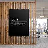 FOCUS motivational wall art with minimalist white typography in a modern study, lifestyle interior