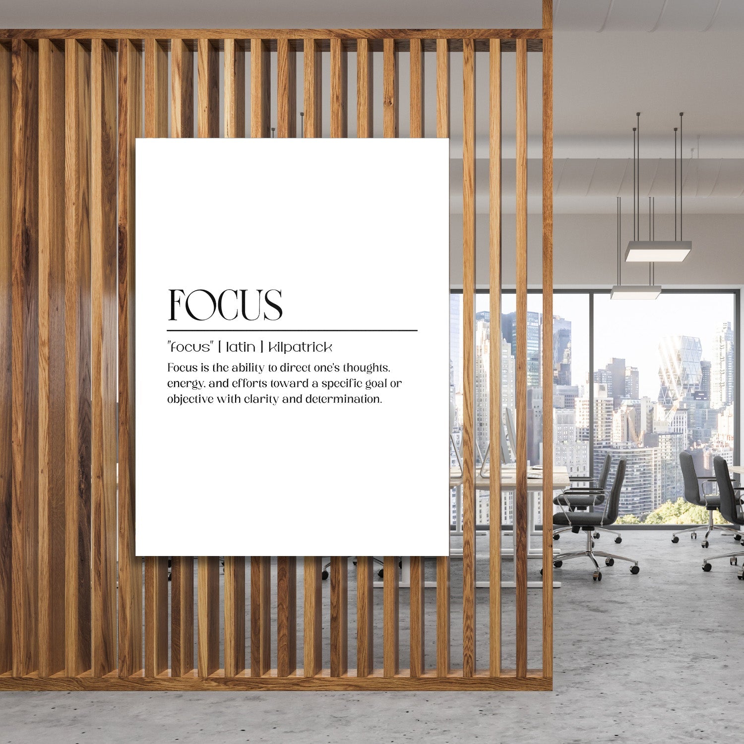 FOCUS motivational wall art with minimalist typography in a modern office behind a wooden grid