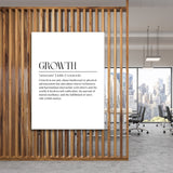 Growth motivational canvas wall art in front of wooden slats and a city panorama in a modern office