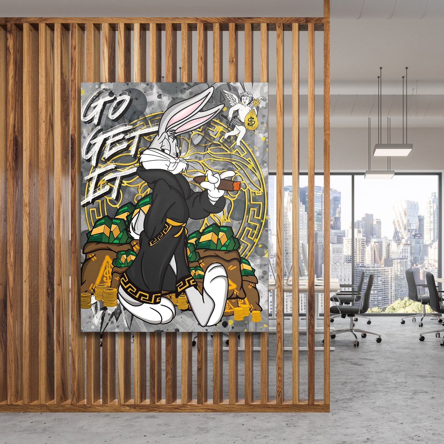 Pop art office canvas print with a rabbit, cigar, money bags and cherub as business motivation wall art.