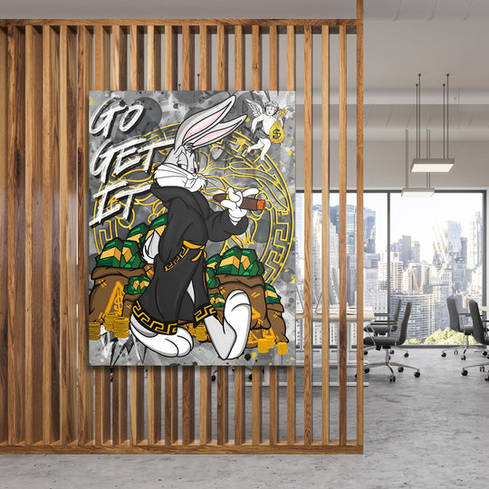 Pop art office canvas print with a rabbit, cigar, money bags and cherub as business motivation wall art.