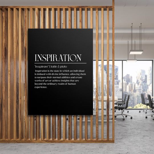 Inspiration motivational canvas wall art in a modern office behind wooden slats