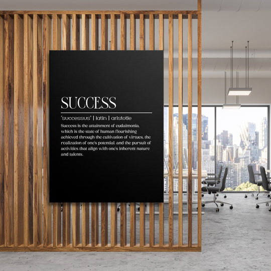 SUCCESS motivational canvas print hanging on a wooden partition in a modern office with a city skyline view