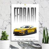 Motivational wall art with a gold Ferrari Mansory Roma in front of a marble wall, luxury automotive decor