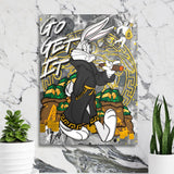 Luxury pop art canvas wall art with Bugs Bunny, money theme, gold details and a cigar in a modern interior.