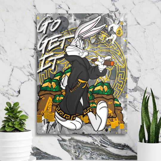 Luxury pop art canvas wall art with Bugs Bunny, money theme, gold details and a cigar in a modern interior.