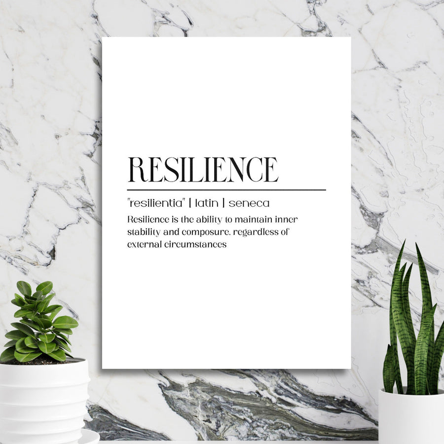 Motivational wall art with a RESILIENCE quote in a minimalist design on a marble wall with plants