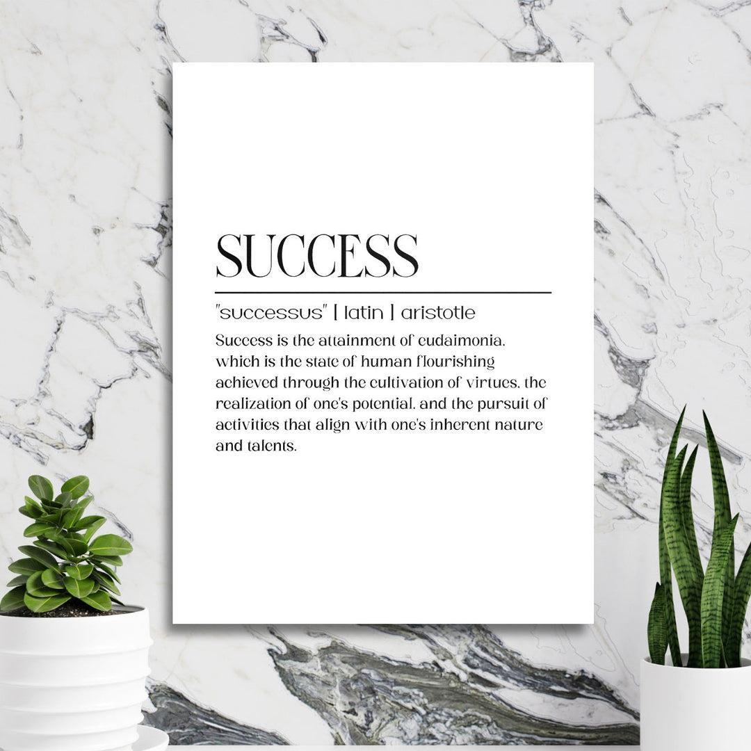 Luxury motivational canvas print with a SUCCESS quote by Aristotle on a marble wall in a study