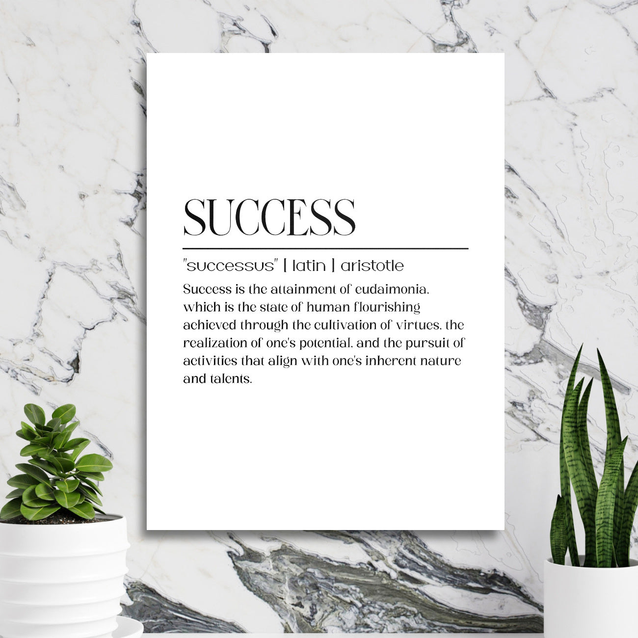 Luxury motivational canvas print with a SUCCESS quote by Aristotle on a marble wall in a study