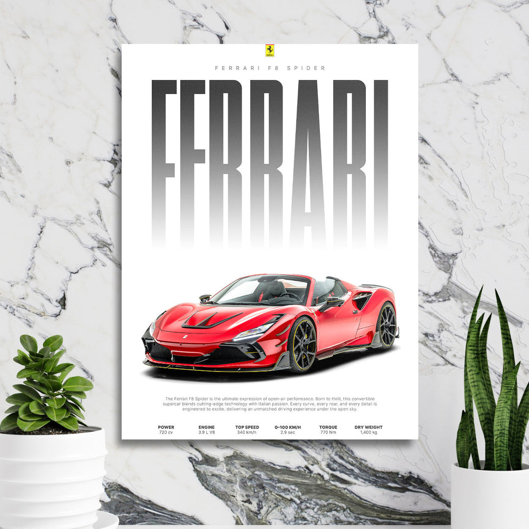 Motivational wall art with a red Ferrari F8 Spider in a designer office in front of a marble wall