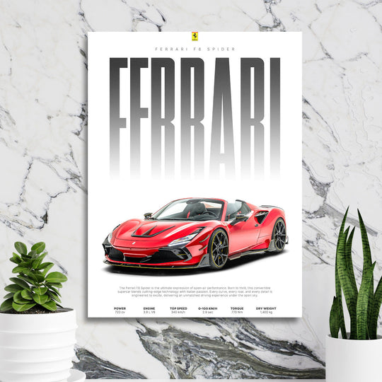 Motivational wall art with a red Ferrari F8 Spider in a designer office in front of a marble wall