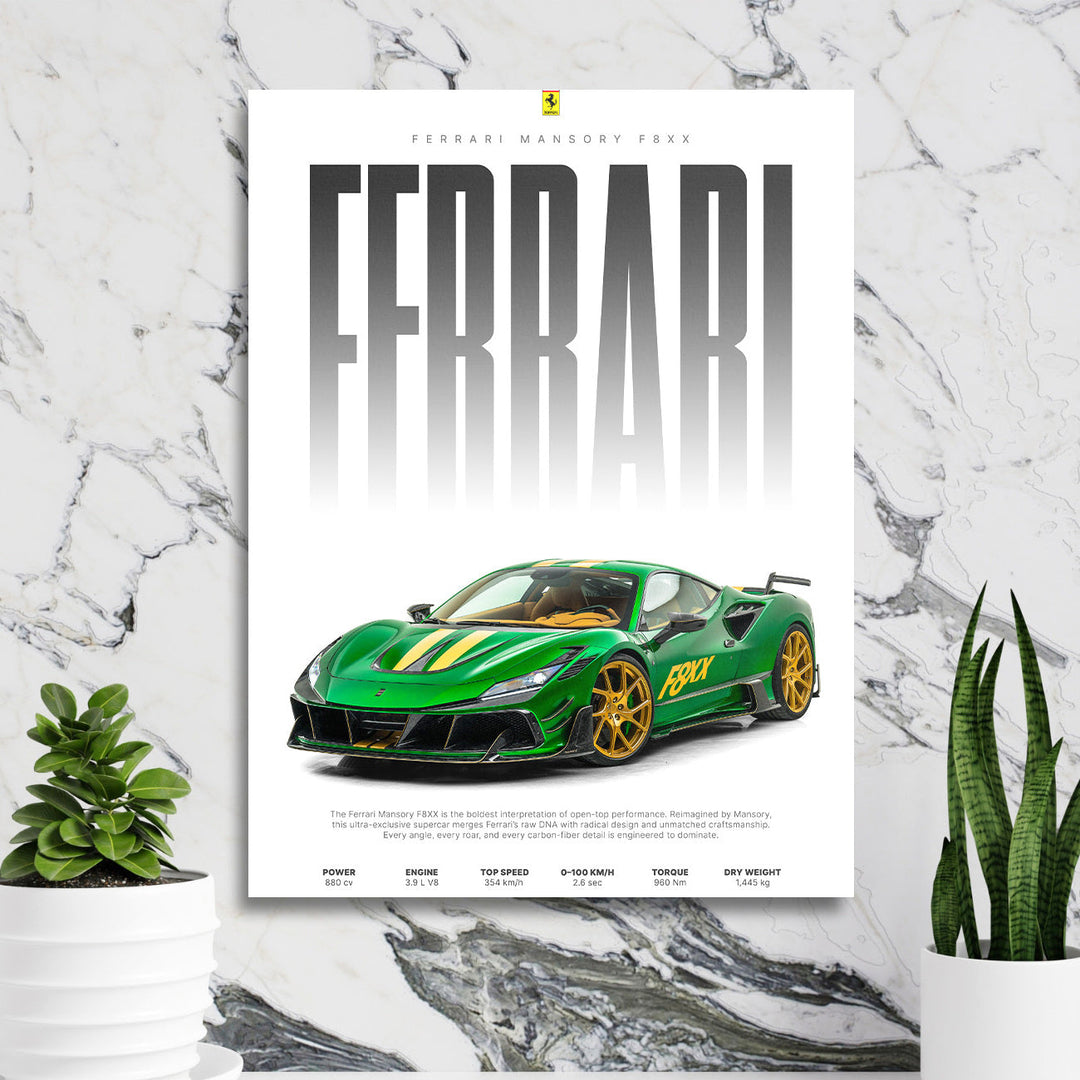 Motivational canvas wall art with a green Ferrari F8XX hanging on a marble wall, luxury image for interiors