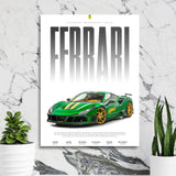 Motivational canvas wall art with a green Ferrari F8XX hanging on a marble wall, luxury image for interiors