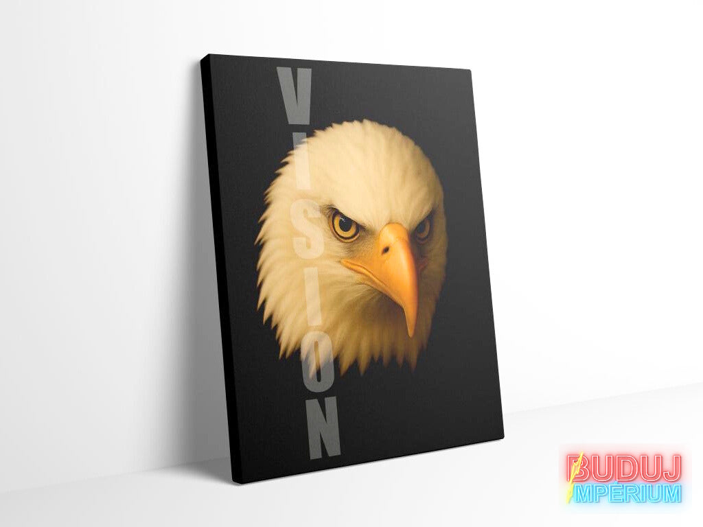 Motivational canvas wall art with a realistic eagle portrait and VISION text on a black background, front view.