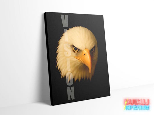 Motivational canvas wall art with a realistic eagle portrait and VISION text on a black background, front view.