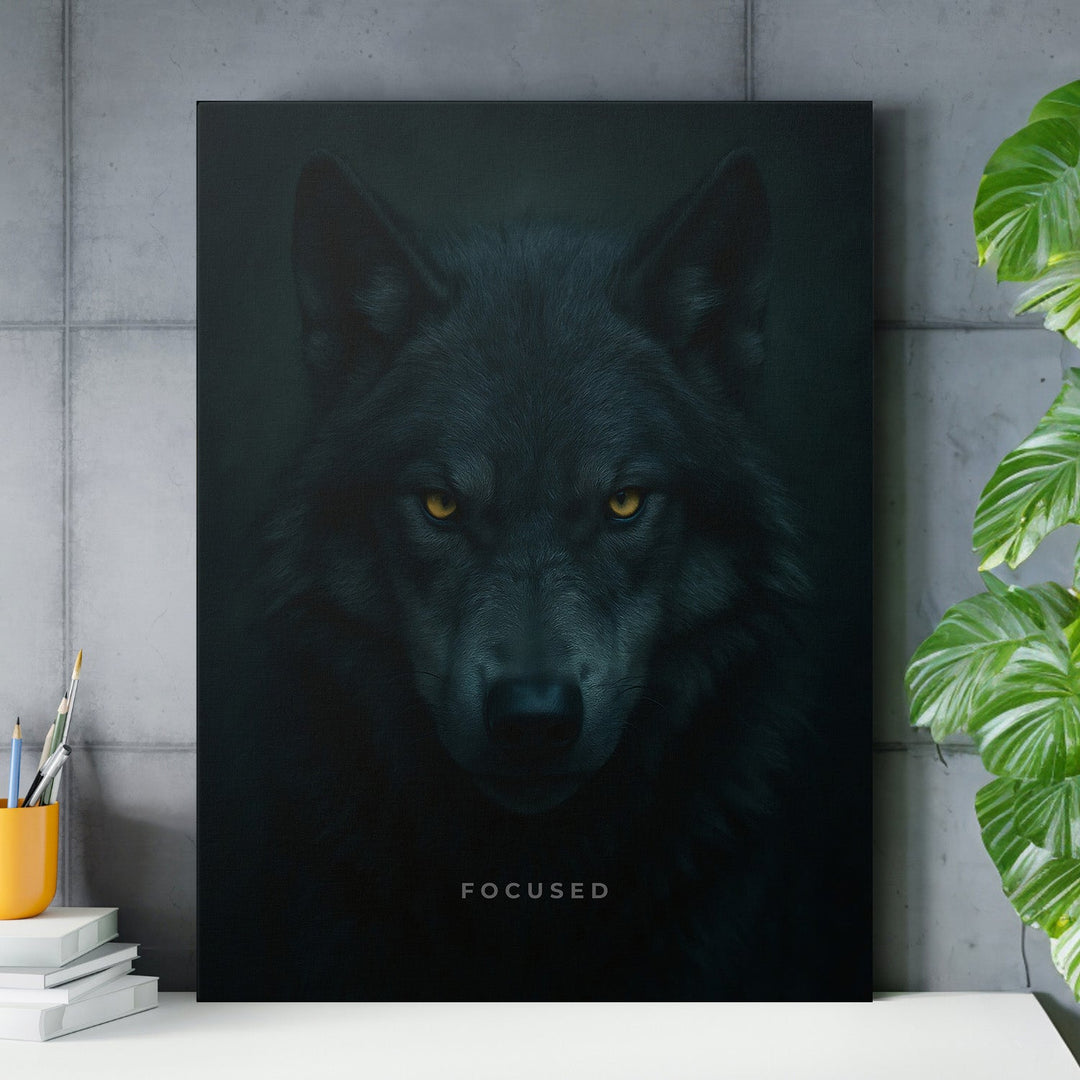 Motivational canvas wall art with a dark wolf and yellow eyes in a modern office.